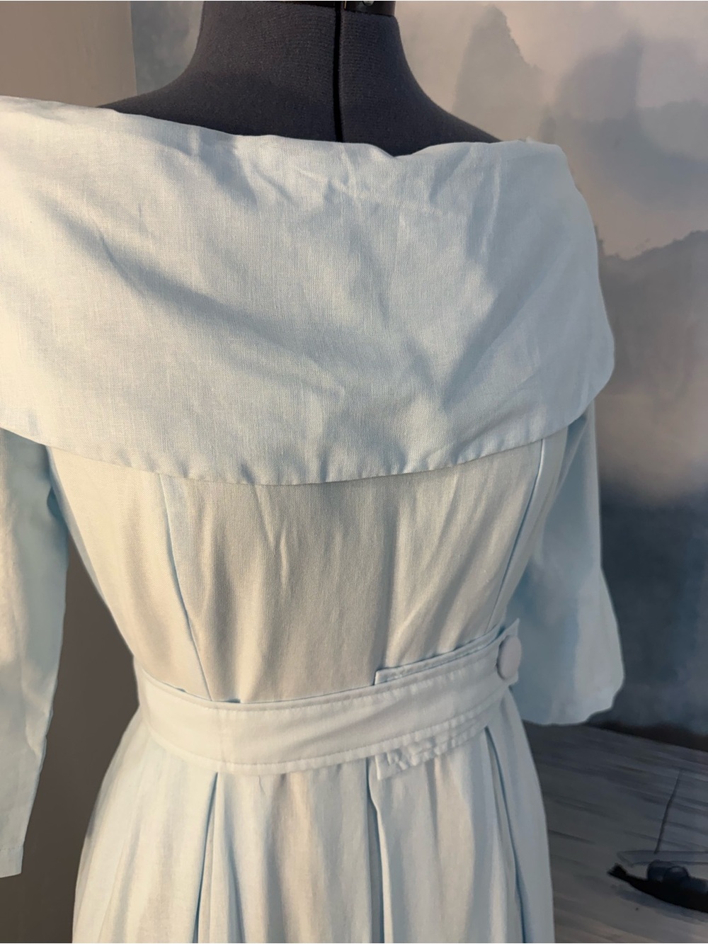 Off-Shoulder Light Blue Midi Dress with Belted Waist #197 - Picture 2 of 14